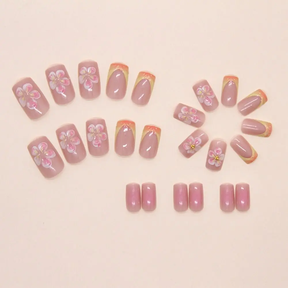 24 pièces manucure longue tuyau d'eau faux ongles rayé haricots d'or français ongles conseils petites fleurs couverture complète faux ongles femmes