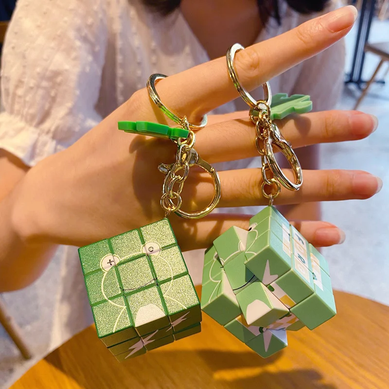 New ABS Cartoon Fun Magic Cube Keychain Cute Green Frog Puzzle Decompression Toy Bag Car Key Ring Pendant Boy Gift