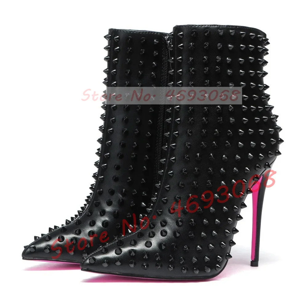 Black Metal Studded Pointed Toe Ankle Boots Women Trendy Sparkly Rivets Pink Sole Stiletto Booties Luxury Ladies Winter Shoes