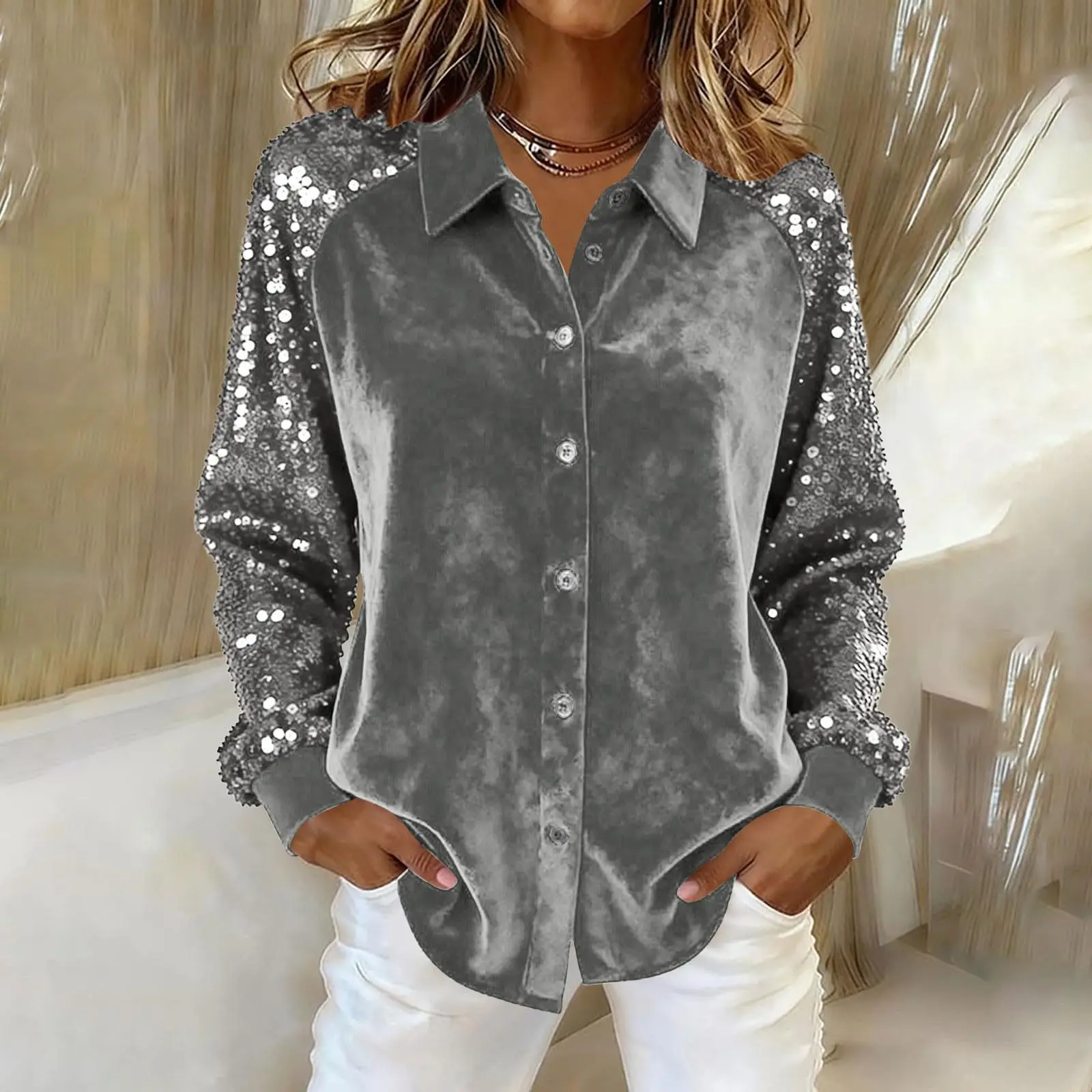 

Casual Loose Shirt Spring Summer Sequined Fashion Elegant Commuter Style Tops Long Sleeve Lapel Single Breasted Women's Clothing