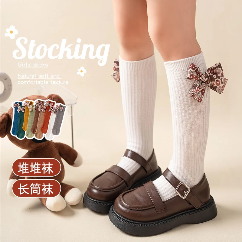 Spring Girls Countryside Style Knee High Socks Camo Floral Print Big Bow Decor Solid Color Soft Elastic Skin Friendly Stockings