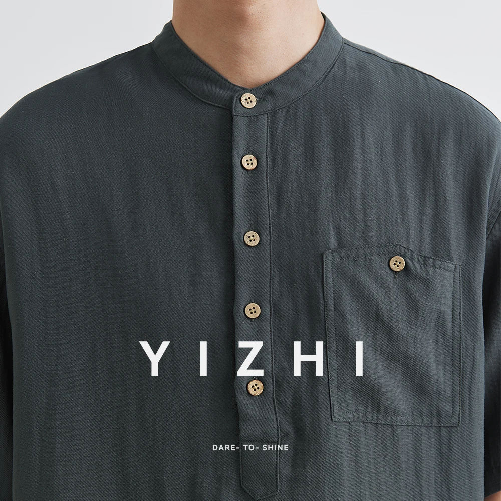 Old Money Style Henry Collar Short Sleeve Shirt Men Summer 2025 New Japanese Retro Loose Casual Shirt Large Size Men's Clothing