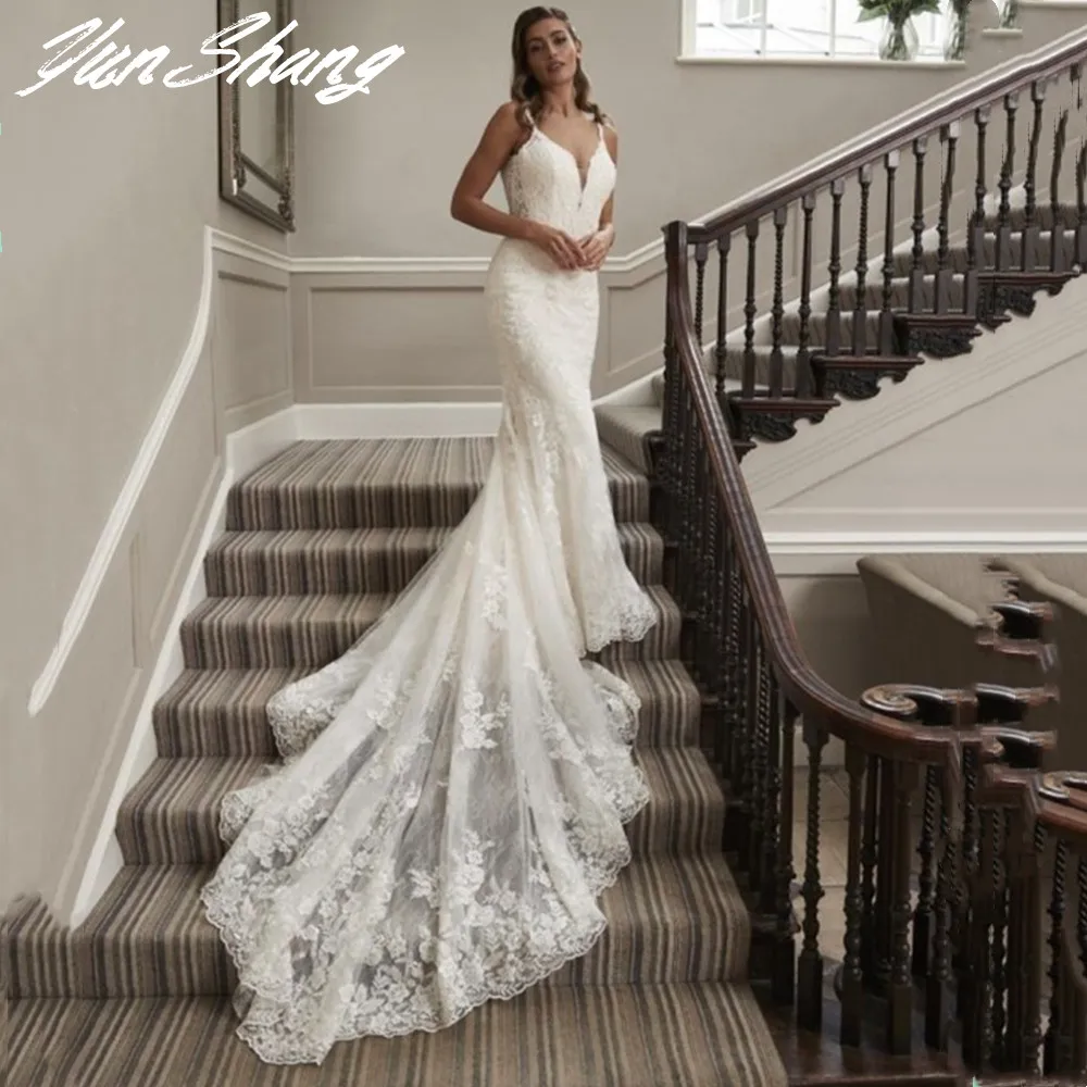 YunShang Gaun Pengantin V-Neck Tali Spaghetti Renda Applique Putri Duyung Gaun Pengantin Tanpa Lengan Backless Ritsleting Vestidos De Noiva