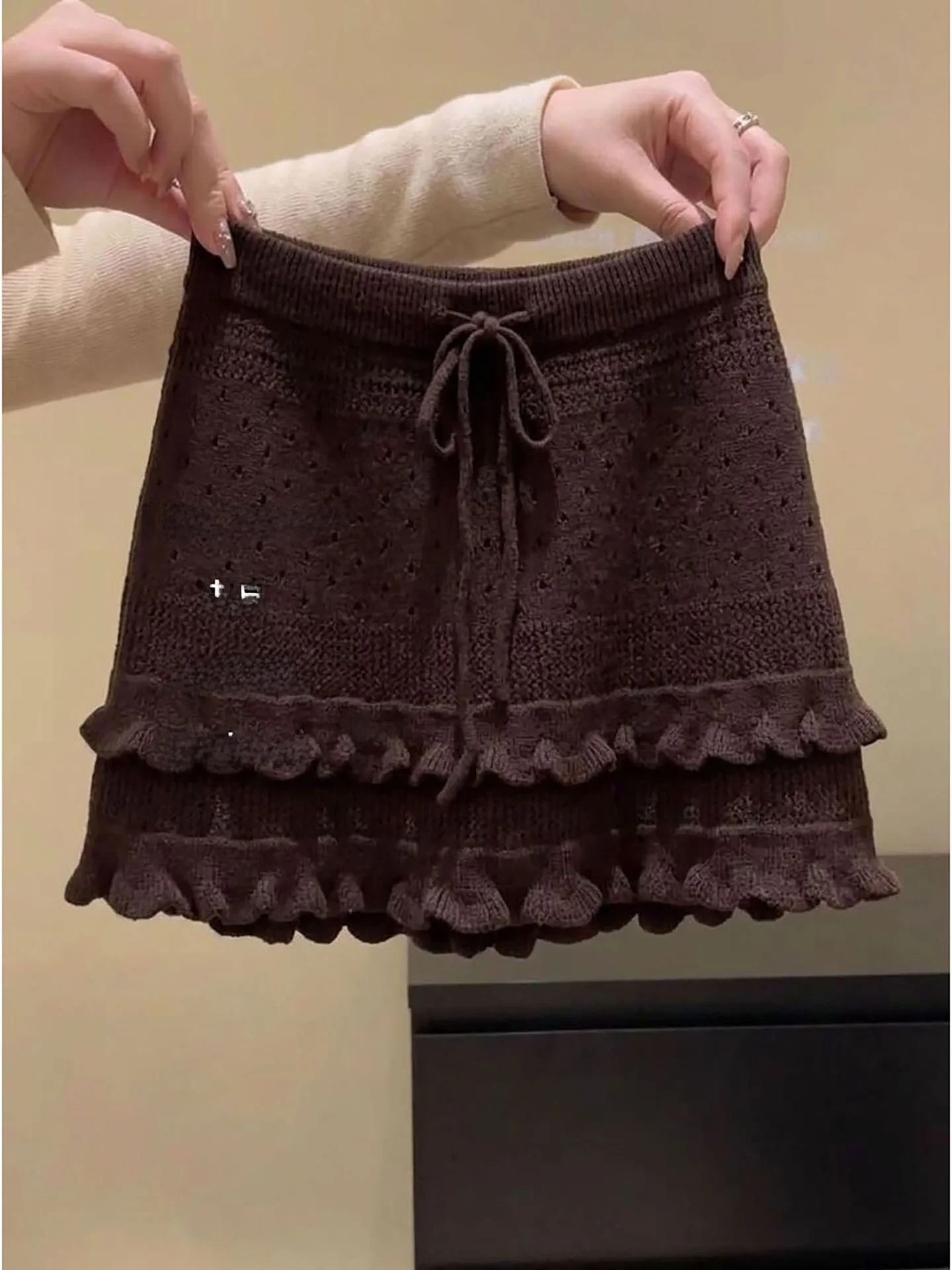 Brown Knitted  Skirt Women's High Waist A-Line Skirt Wood Grain  Early Autumn New Arrival Casual Style Short Skirt