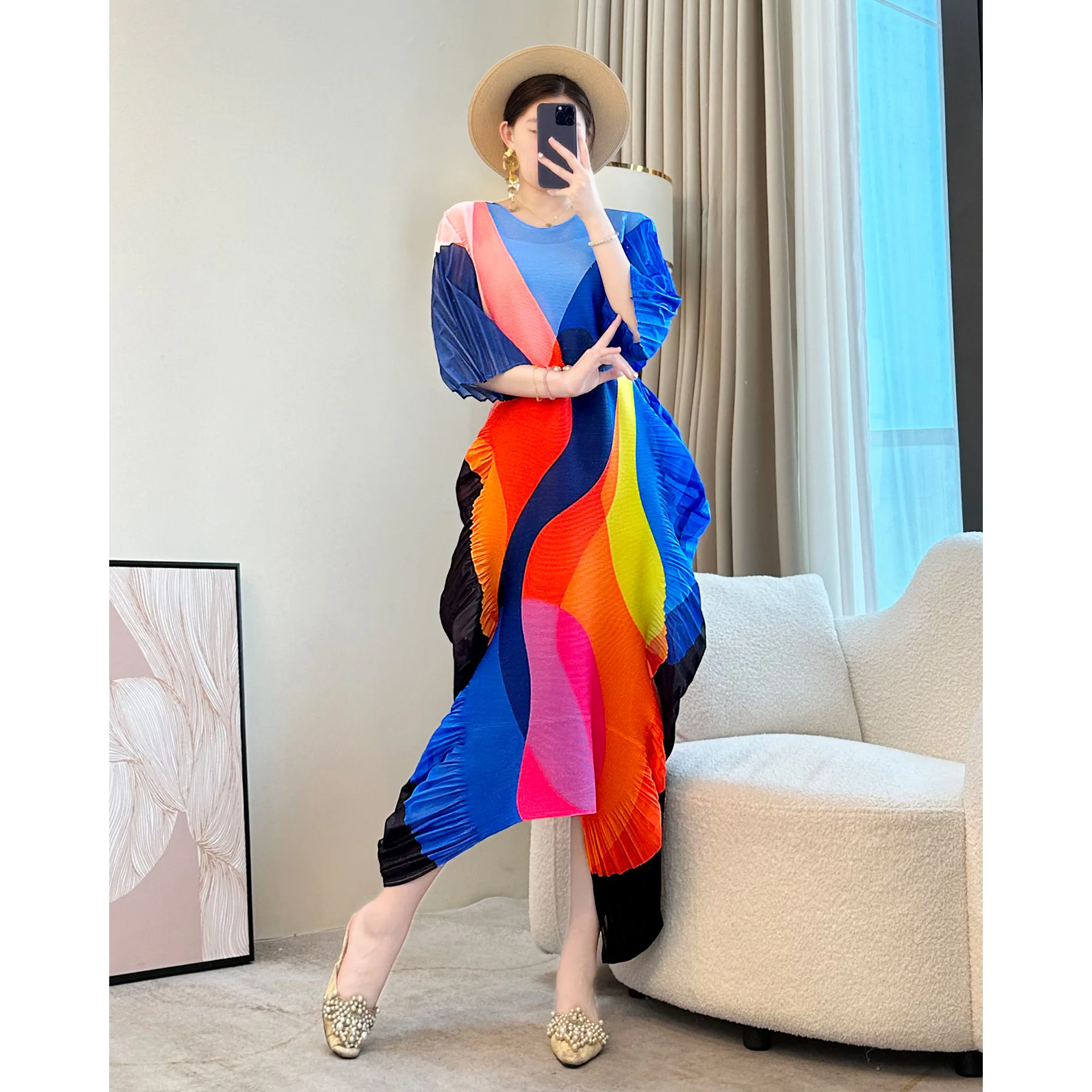 

Miyake Pleated Original Design Italian Style Long Skirt 2025 Summer Rainbow Contrasting Color V-neck Bat Sleeve Irregular Dress