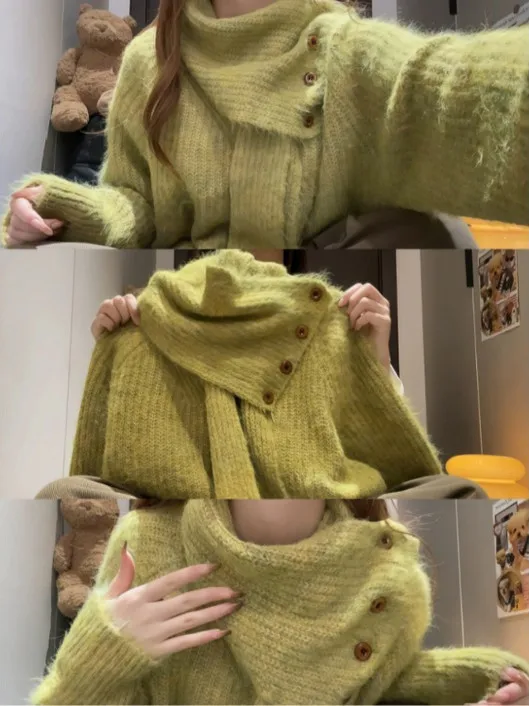 Korean High-End Lazy High Ne Sweater Women's Autumn Winter Overhead Detachable Scarf Outerwear Inner Match Knitted Top
