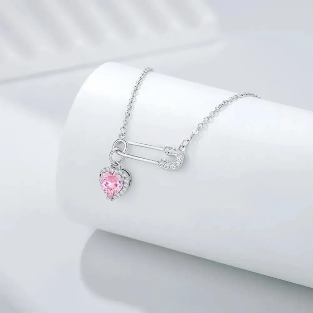 Fashion Love Pendant Pin Necklace Safety Needle Hollow Necklace Zircon Clip Collarbone Chains Women view 5