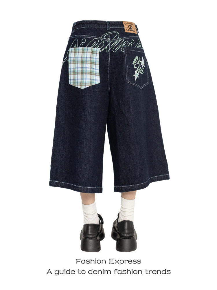 

American Sle Loose Casual Women's Seven-Foot Pants Summer New Sle Retro ket Design Wide Leg Pants Trendy Blue Jeans