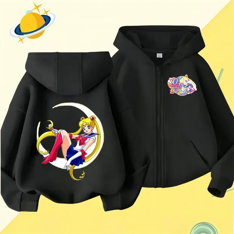 Anime Sailor Moon zipper hoodie for kids cartoon printed Fall/Winter long-sleeved sweatshirt casual girl Kawaii clothing