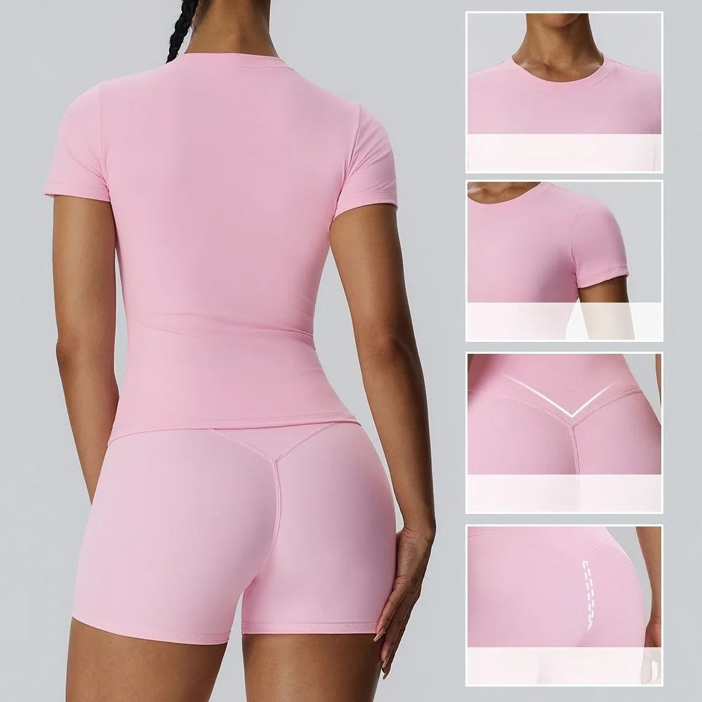 Women 2 Pieces Yoga Set Double Brushed Fabric Short Sleeve Top High Waist Yoga Leggings Fitness Running Workout Sportswear