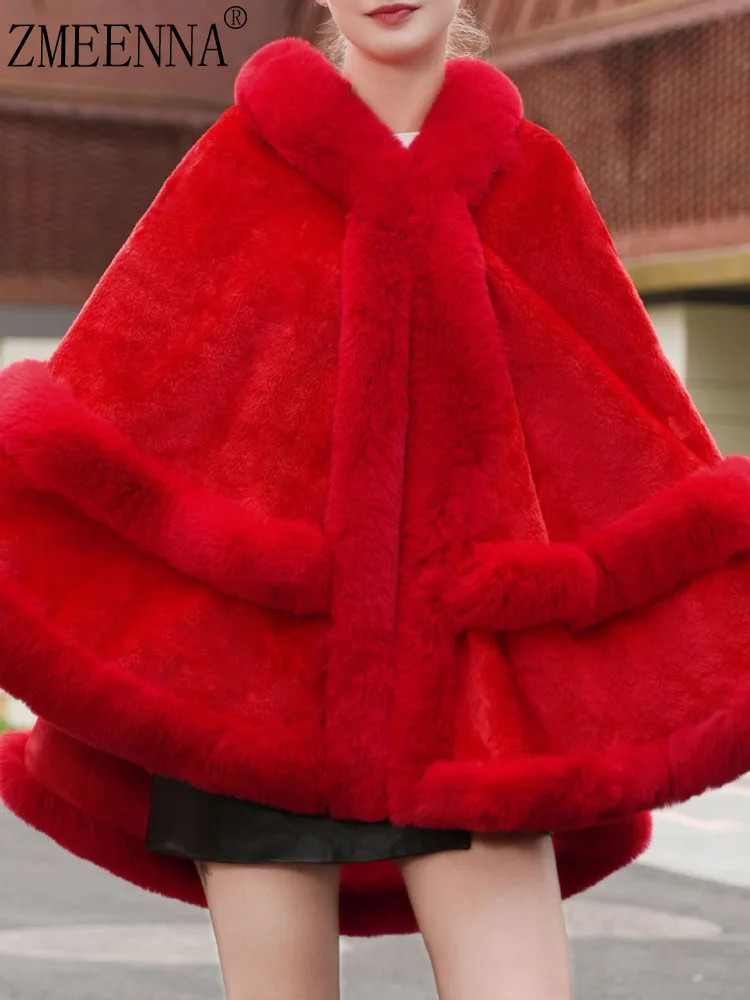 

ZMEENNA Women's Red Faux Fur Cape Coat Elegant Winter Hooded Plush Poncho Jacket Warm Outerwear Chic Soft Shaggy ZM3737