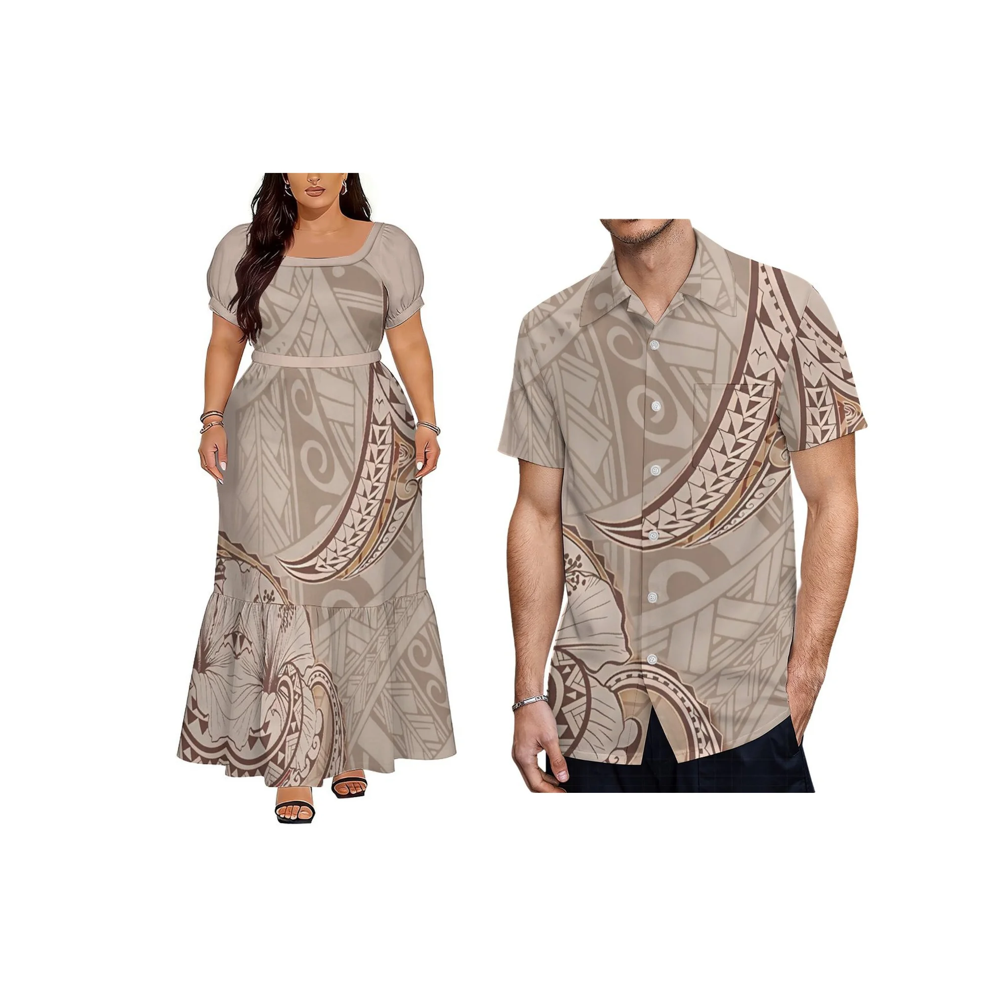 Vestido de Praia Feminino Personalizado com Design Polinésio, Decote Quadrado e Amarração, Estilo Ilhas Polinésias para o Verão
