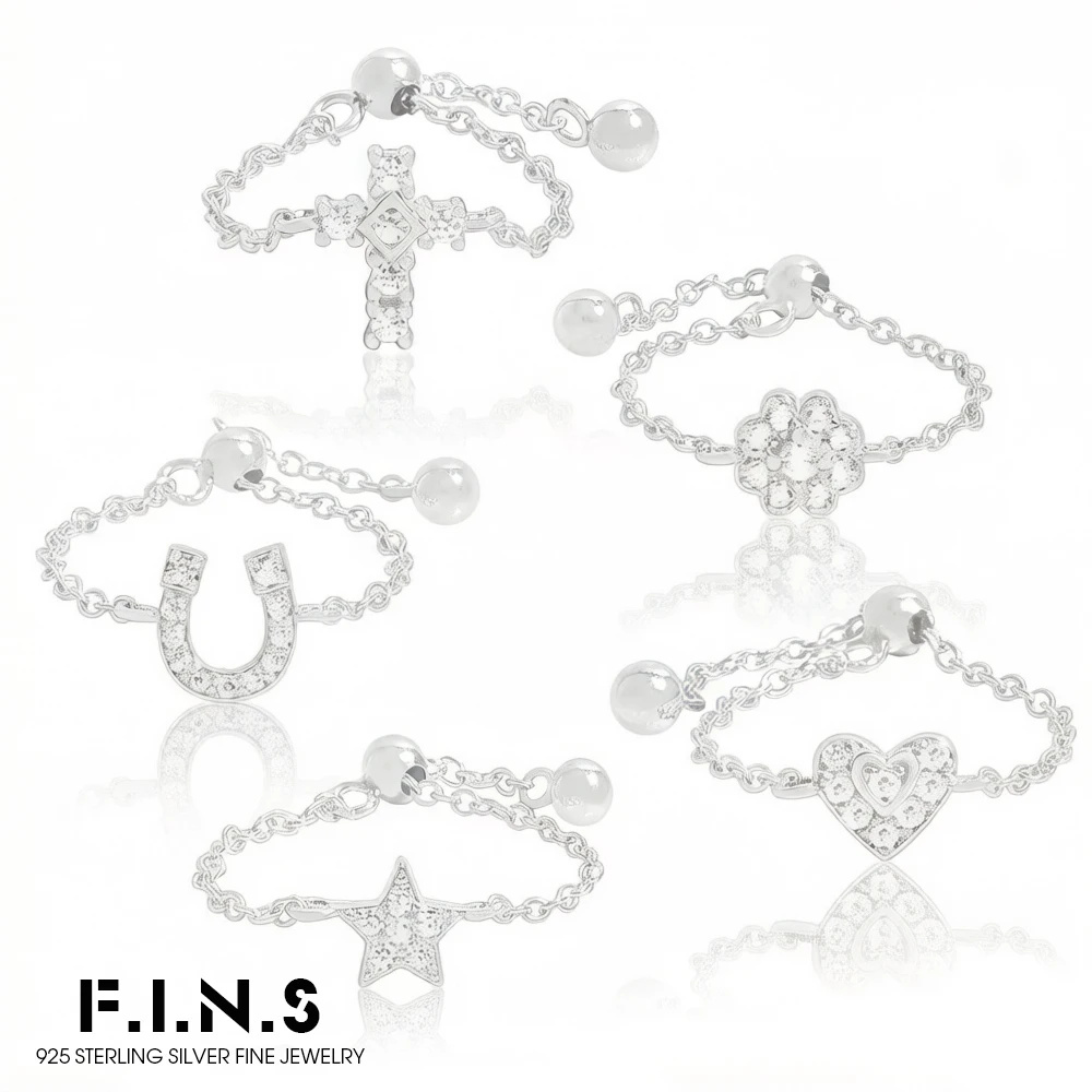 

F.I.N.S Real S925 Sterling Silver Rings Korean Style Flower Star Heart Cross Pull Chain Adjustable Finger Ring Fine Jewelry Gift