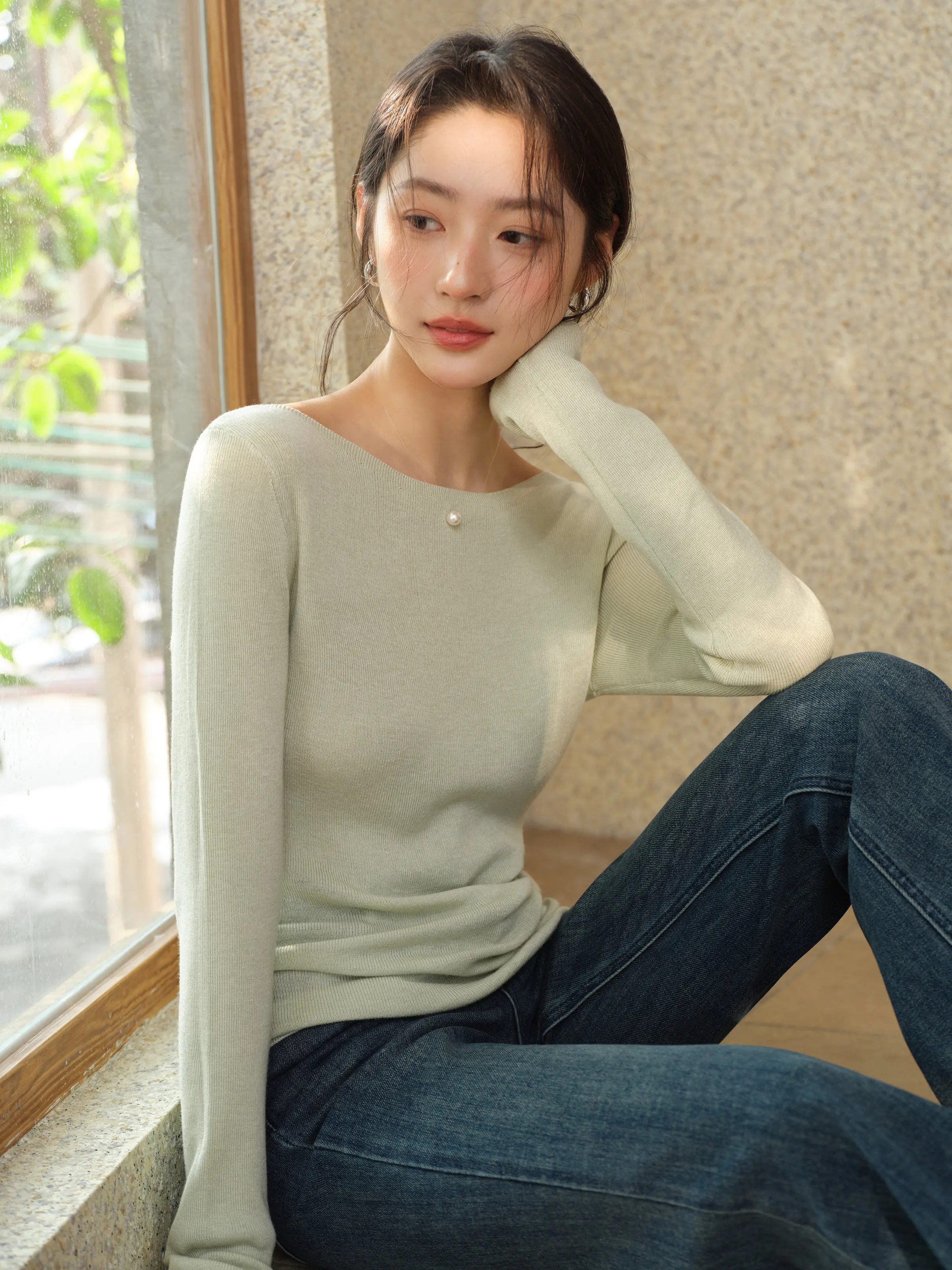 Women Spring Wool Knit Top Boat Neck Long Sleeve Solid Slimming Pullover Versatile Casual Tee New Arrival Soft Breathable Lady