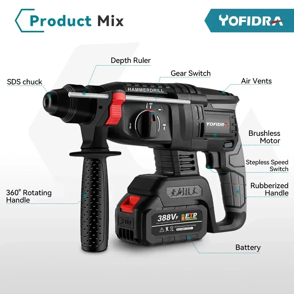 Yofidra 26MM Brushless Electric Hammer Electric Pick Impact Drill Multi-function Cordless Rotary Tool For Makita 18V Battery