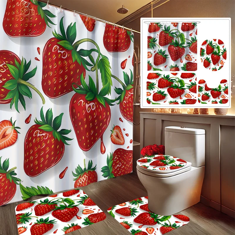 

Sweet Strawberry Bathroom Four-Piece Set - Vibrant Waterproof Shower Curtain for a Complete Bathroom Set