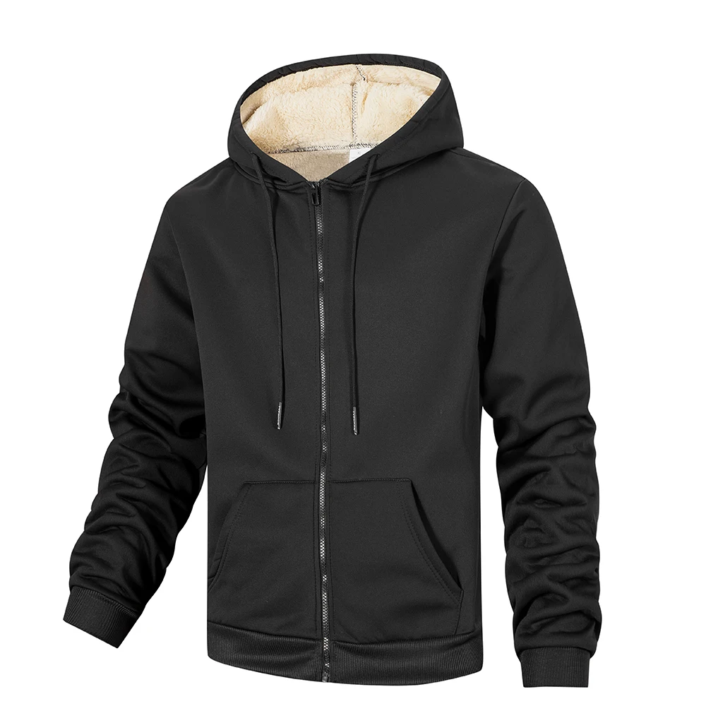 Winter Lambswool Zipper Hoodies Thicken Warm Jackets Long Sleeve Sweatshirts Casual Sports Fleece Black Coats Hooded Men Coat