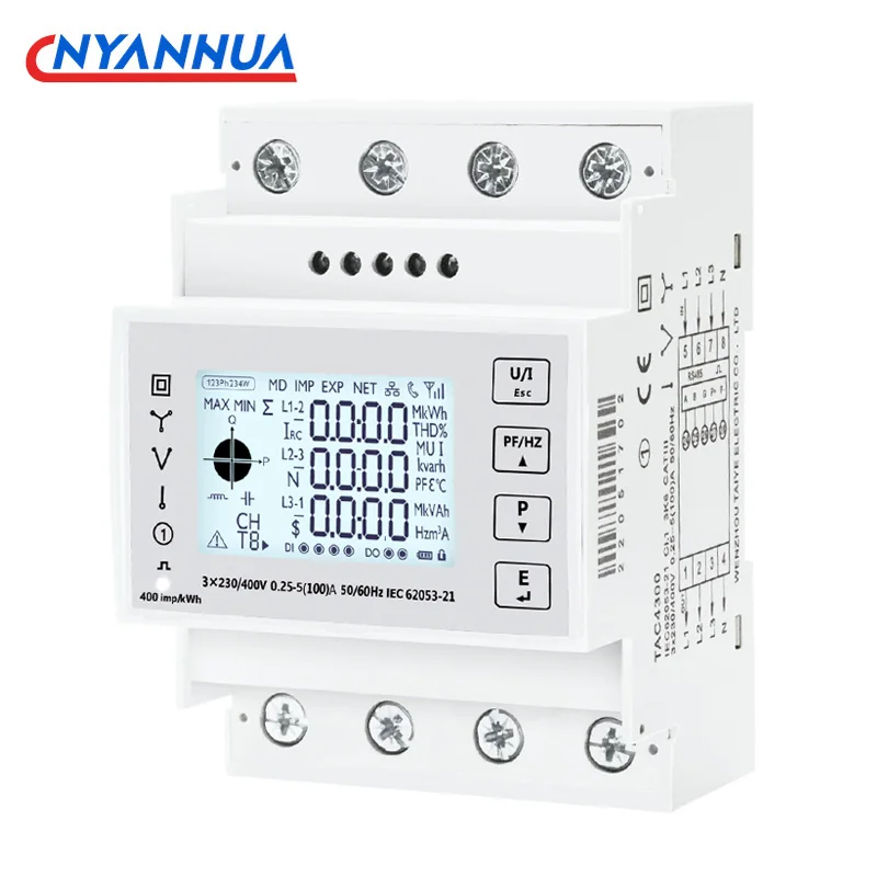 Three-Phase Smart Modbus RS485 Multi-Function Din Rail Energy Meter 45~65Hz Class 1 999999.99Kwh