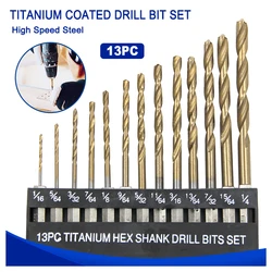 13pc British System Hexagonal Handle Titanium Plated Twist Drill 1/16-1/4 Electric Drill Screwdriver Drilling Tool Set