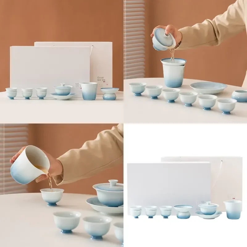 

【CHIMU HOME】 High-End Suede Jade Kung Fu Set for Traditional Style White Porcelain Bowl and Cup with Logo Chinese Set