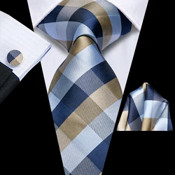 Hi-Tie blau braun Plaid Designer elegante Krawatte für Männer Modemarke Hochzeits feier Krawatte Handky Manschetten knopf Großhandel Geschäft