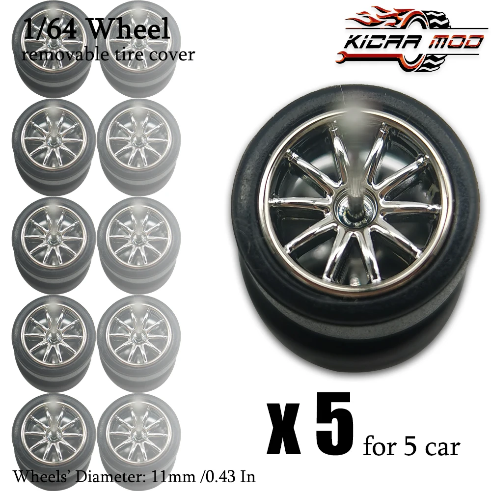 1/64 Wheels with Detachable Slick Rubber Tires Ten Spokes for Toy Model Diecast Cars Refiting Parts for Hotwheels (5 Sets)