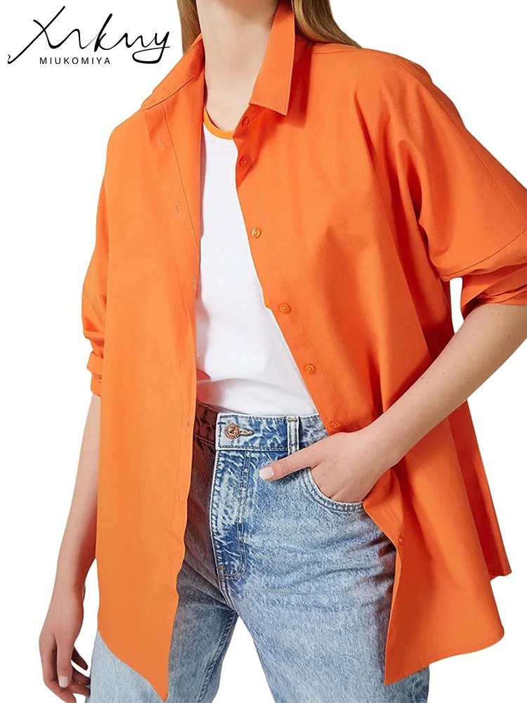 MiuKoMiYa Womens Casual Shirts And Blouses Blue Oversized Shirt Women Basic Long Sleeve Tops Boyfriend Shirts For Women Spring