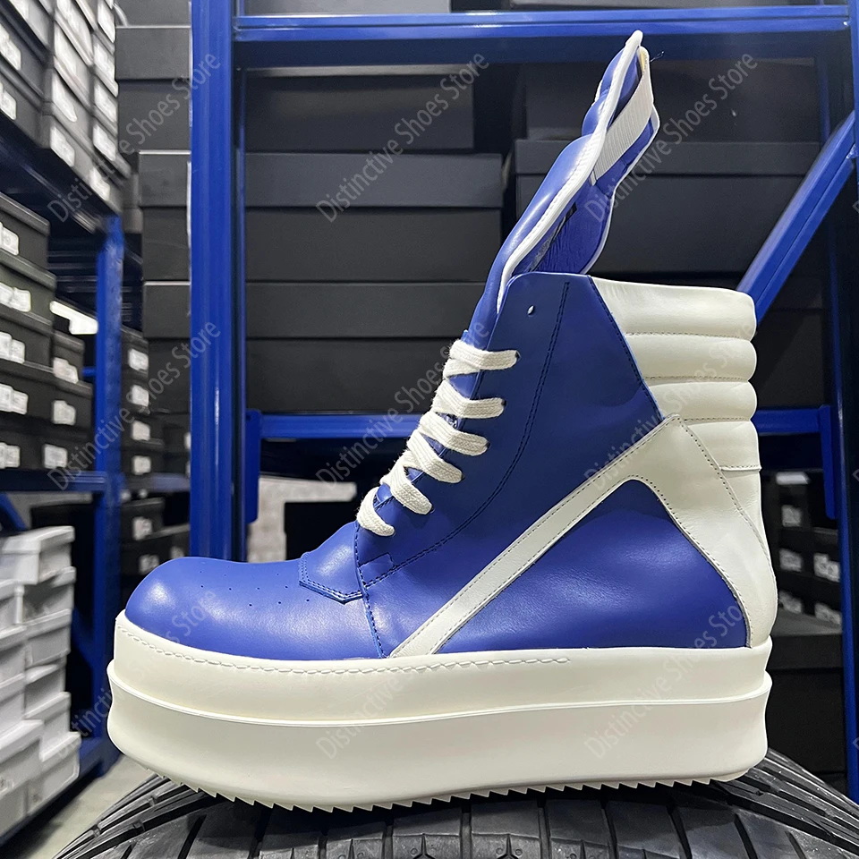 Zapatos de marca RO para hombre, zapatillas informales de cuero azul a la moda con doble fondo, zapatillas de deporte de suela gruesa con cremallera para mujer, zapatos con aumento de altura