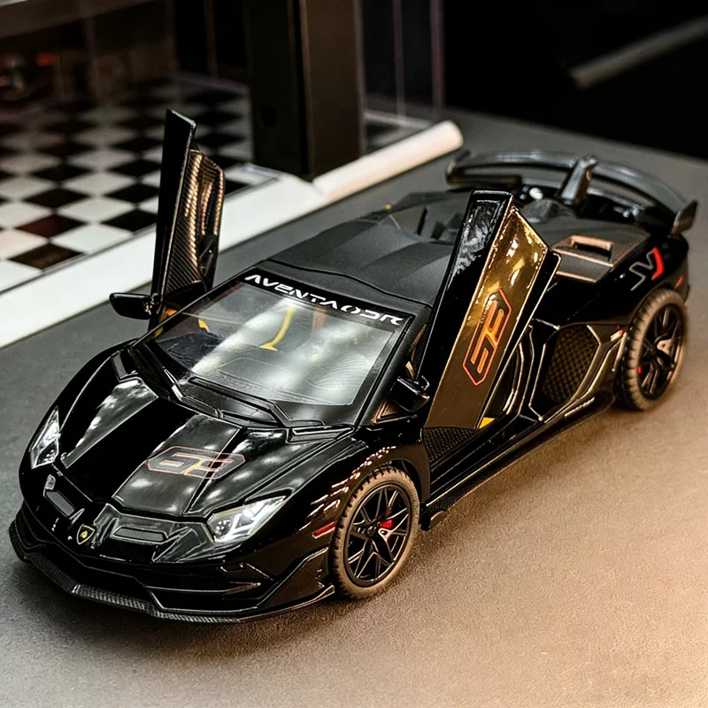 

Модель гоночного автомобиля Lamborghini Aventador SVJ 63, масштаб 1:32, литая под давлением, металлическая, со звуком и светом, подарок для детей