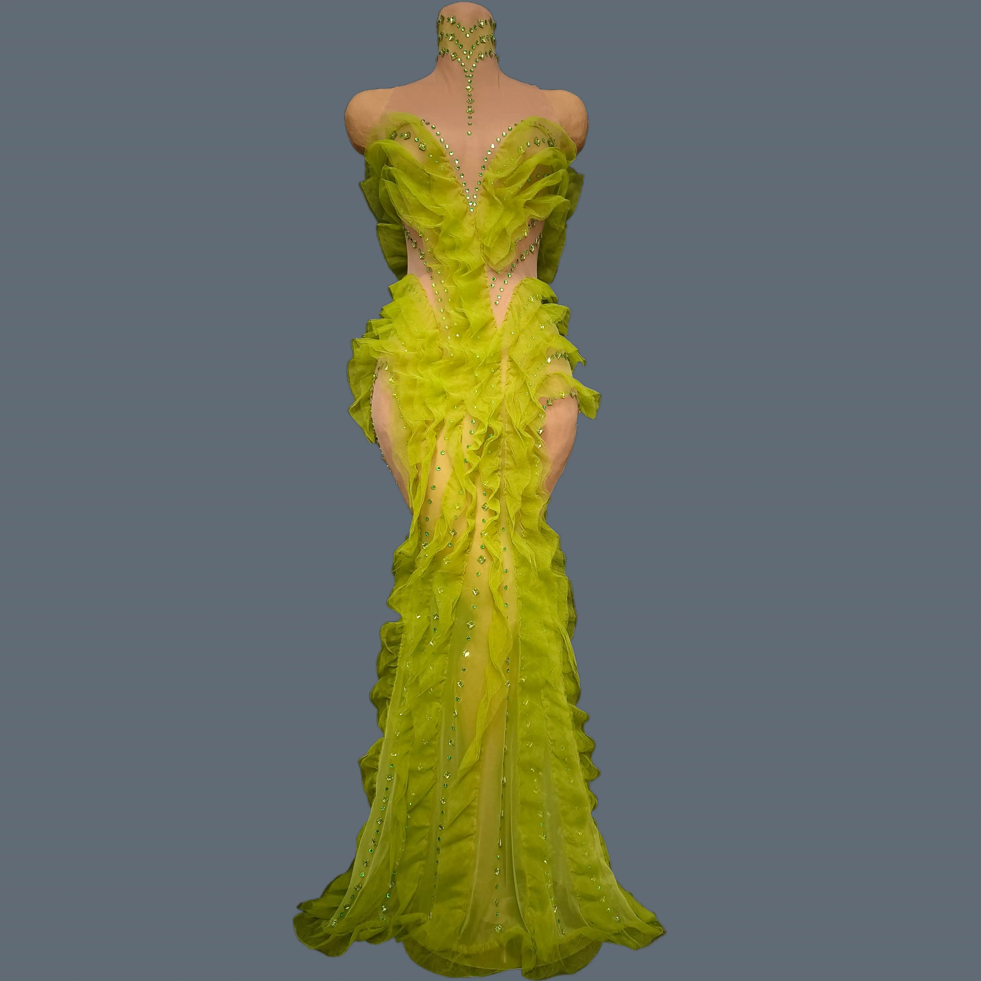 

Green Sparkly Rhinestone Elegant Long Dress Women Sexy See Through Mesh Birthday Evening Dress Party Photo Shoot Wear Shengcai