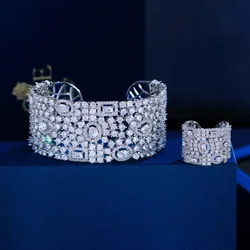 ThreeGrace Luxurious Shiny Zircon Big Wide Open Cuff Bangle and Ring Set for Women Dubai Bridal Wedding Party Jewelry JS701