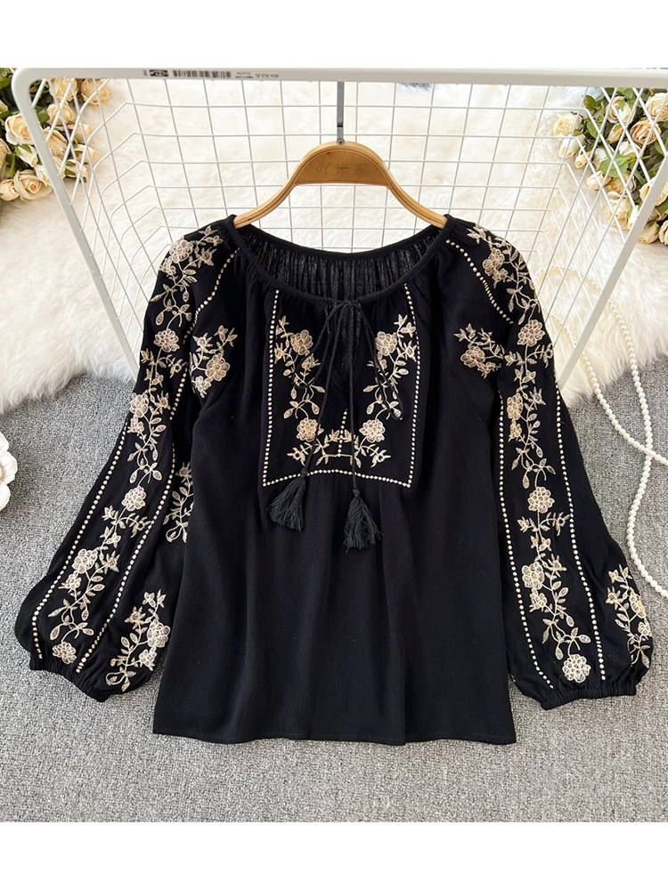 Women Spring Autumn Blouse Vintage National Style Long Sleeve Round Neck Pullover Embroidery Loose Shirt Doll Shirt Top D2761