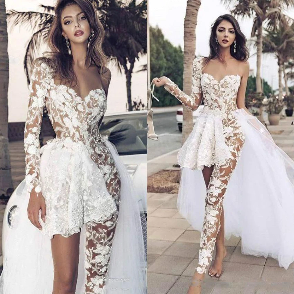 

Stunning Lace Wedding Dresses Jumpsuit Long Sleeve Strapless Boho Women Illusion One Piece Bridal Gown Bride Playsuit With Train