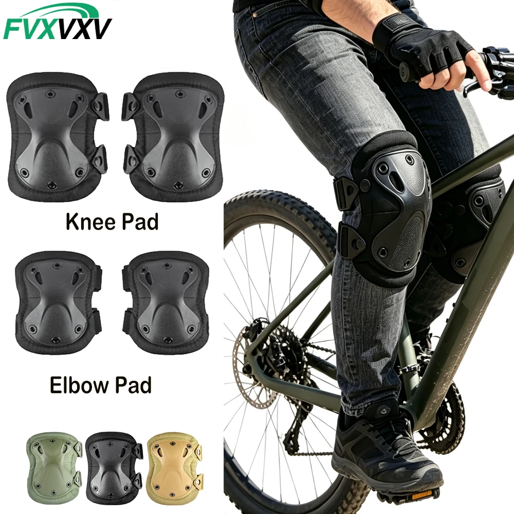 4PCS.Set Combat Knee & Elbow Protective Pads Set for Paintball Cycling Skateboarding Skating Motorcycle, Heavy Duty Guard Gea