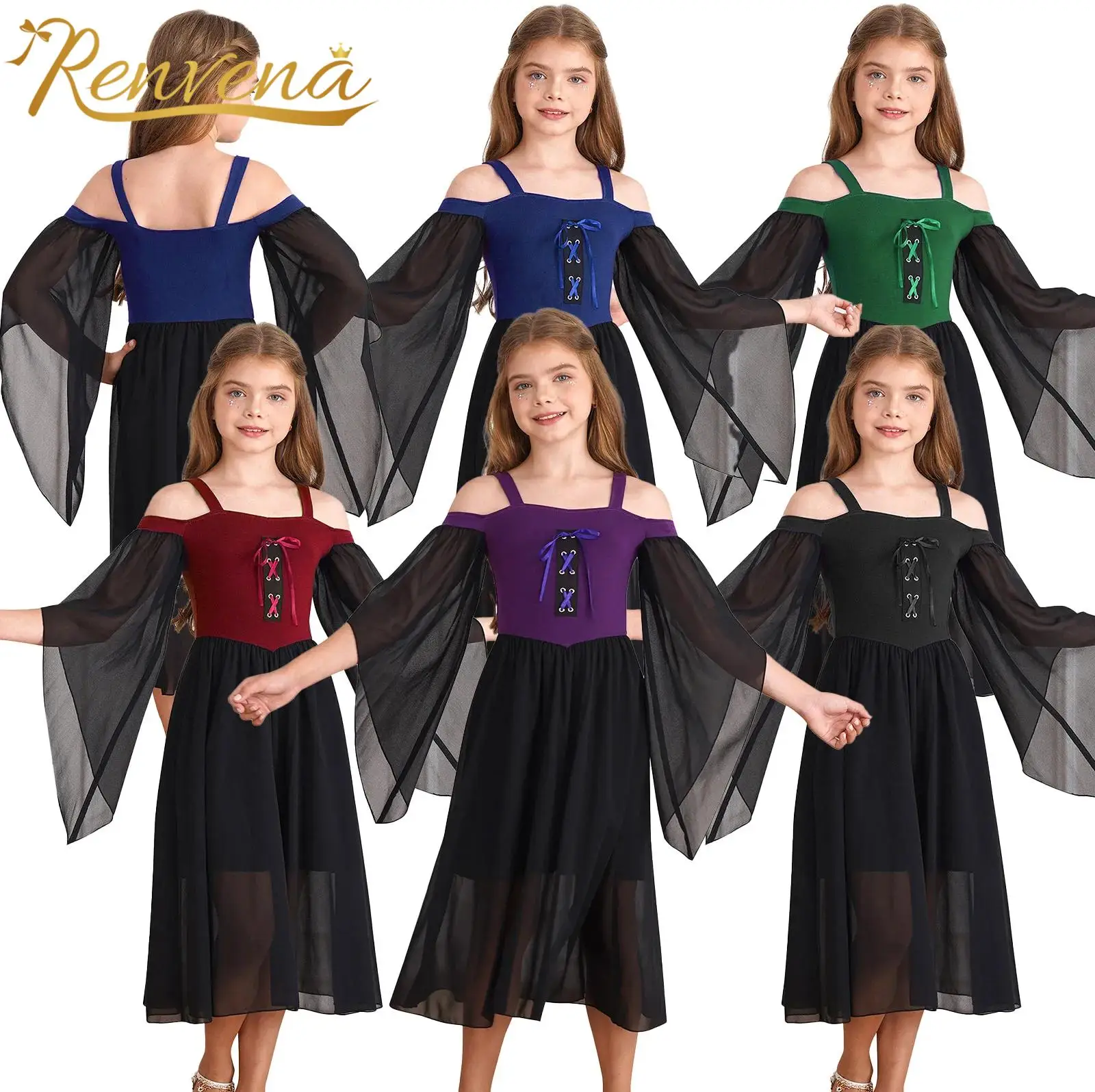 Kid Girls Gothic Costume Medieval Renaissance Fancy Dress Up Flowy Dresses Theme Party Roleplay Clothes Cosplay Princess Dress
