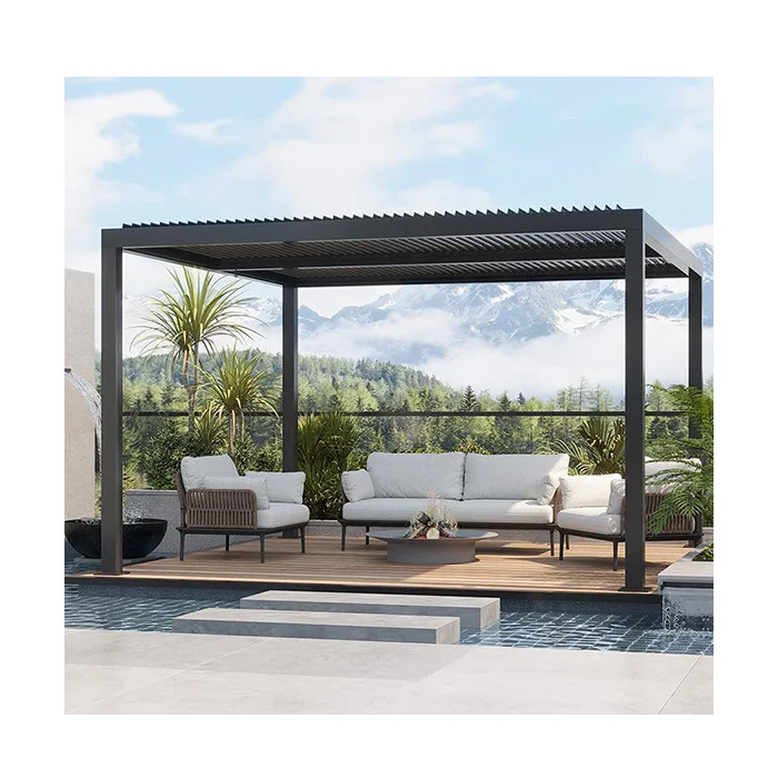Outdoor Aluminum Recreational Pavilion with Blinds for Wind Protection and UV Ray Prevention Gazebo for Backyard Garden Pergola