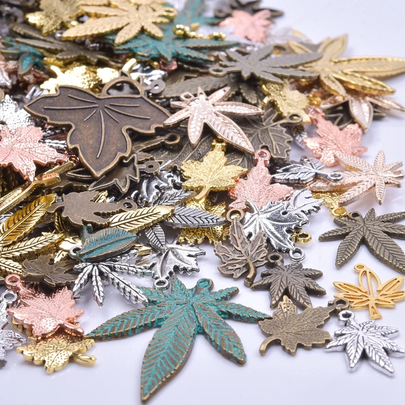 Vintage Mix Colors Retro Plant Leaf Flower Charms Bedels Cute Mini Feather Pendant Colgantes For Diy Jewelry Making Supplies