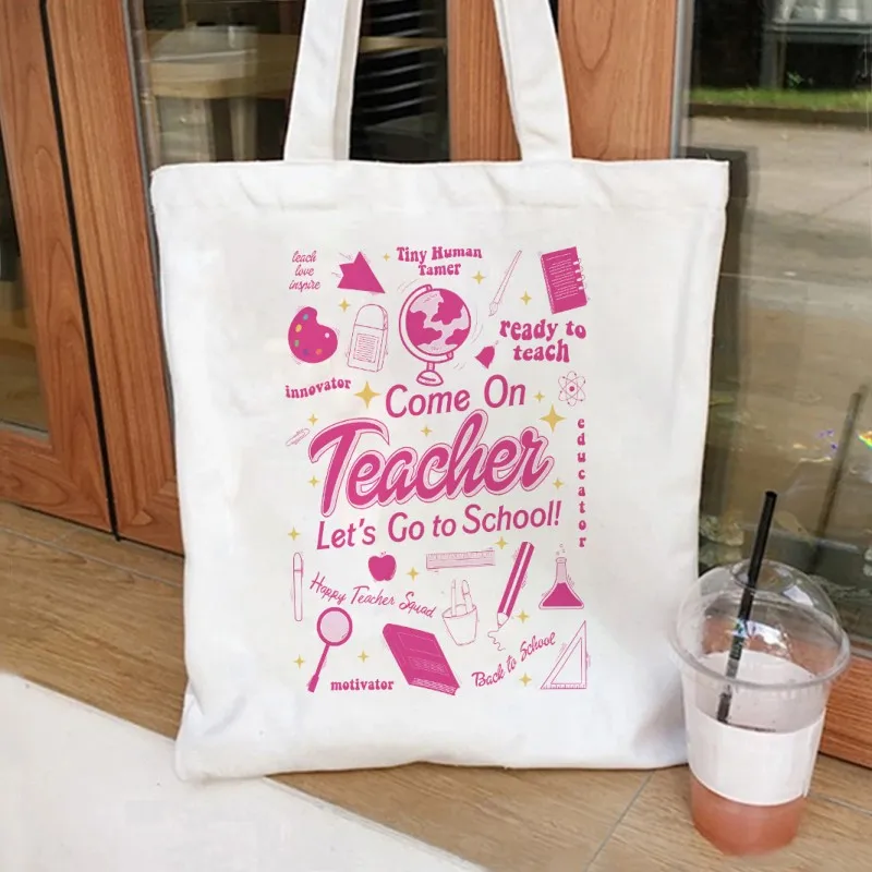 Come on Teacher Lets Go To School Come Barbie Tote Bags for Women Handbag Cosmetic Bag Canvas  Shoulder Bag Travel Shopping Bag