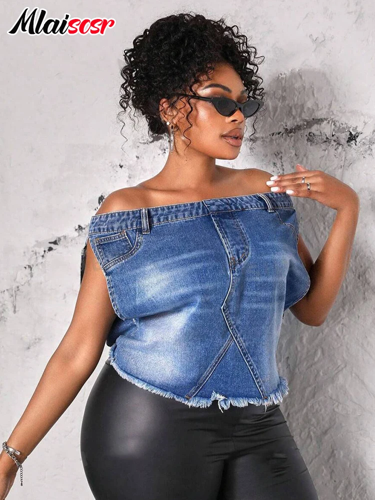 Mlaiscsr Denim Stretch Shirts Tops for Women y2k Clothes Blue Color Slash Neck Off Shoulder Sleeveless Jeans Vest Streetwear