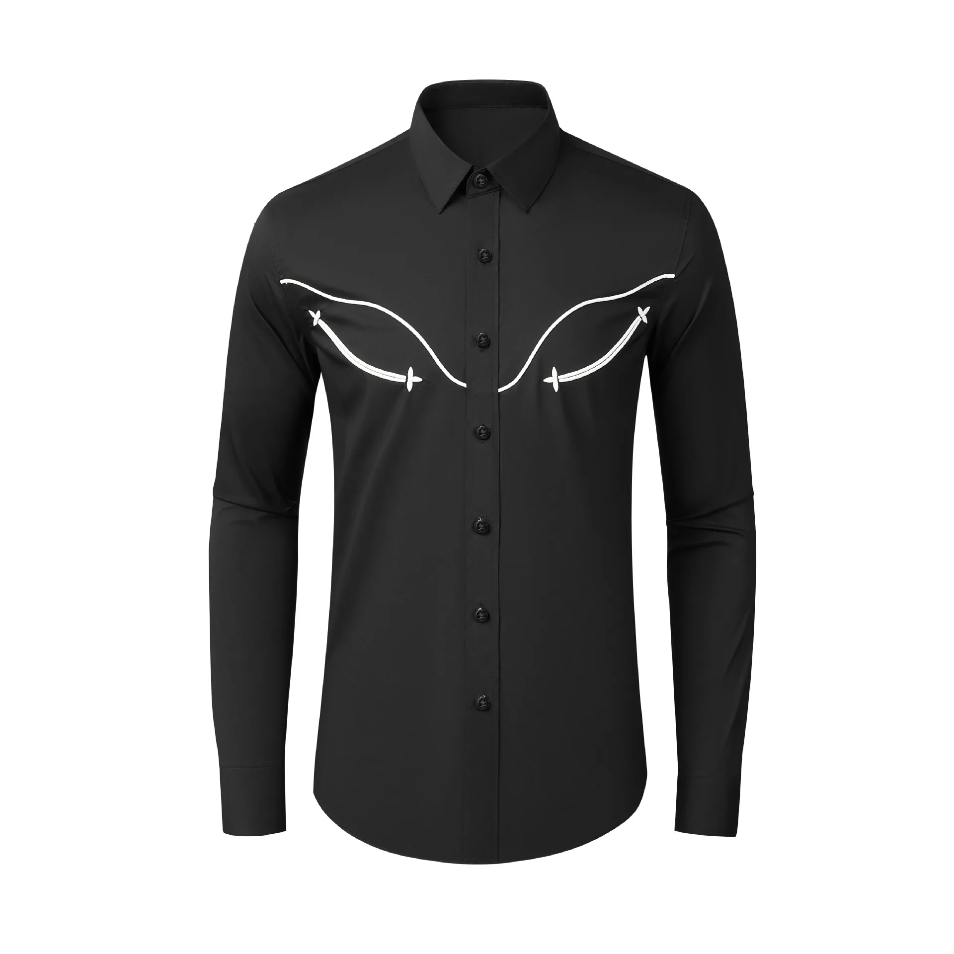 

Small flower embroidery long sleeved men's shirt slim fit, no iron, silk blend, elastic and fashionable men's clothing
