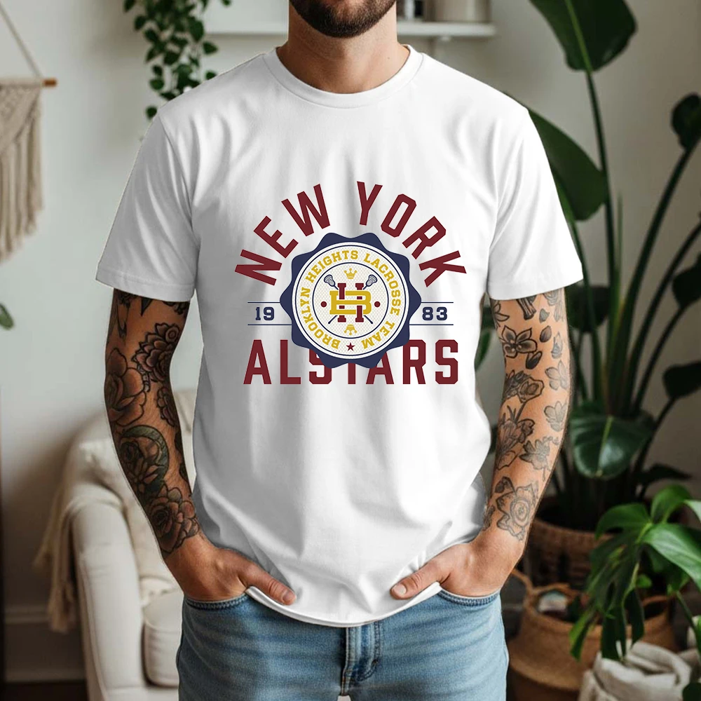 Mens 100% Cotton T Shirt New York All Stars Lacrosse Team 1983 Vintage Badge Print Breathable Short Sleeve Casual Daily Tee