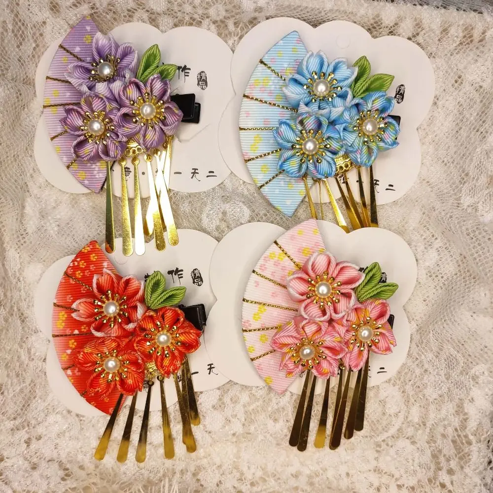 Bonita horquilla con borlas y abanico, flor de sakura, para uso con kimono japonés, Hanfu y como accesorio para la cabeza, de tela, para niños