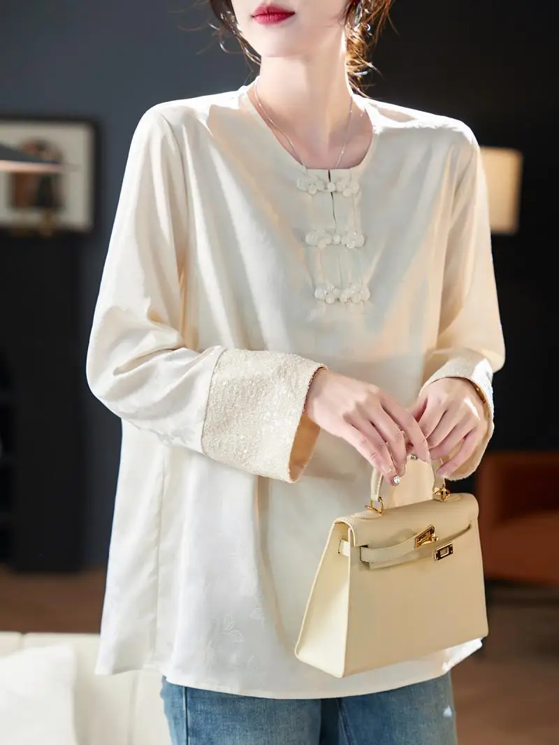 New Chinese Style Buttoned Jacquard Chiffon Shirt with High-end Feel Nail Bead Temperament Casual Top for Women