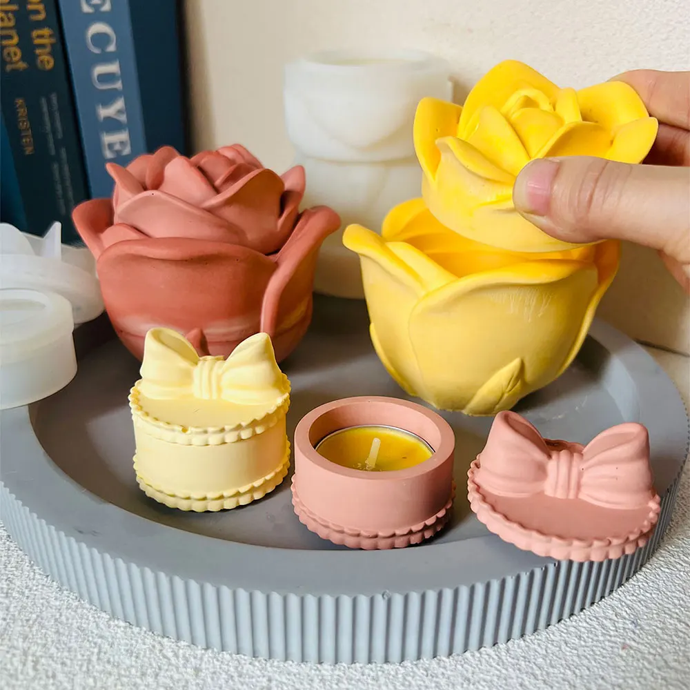 Dream Castle Candle Jar Concrete Mold Large Rose Storage Box Epoxy Resin Mold Bowknot Candlestick Ring Holder Plaster Pots Mold