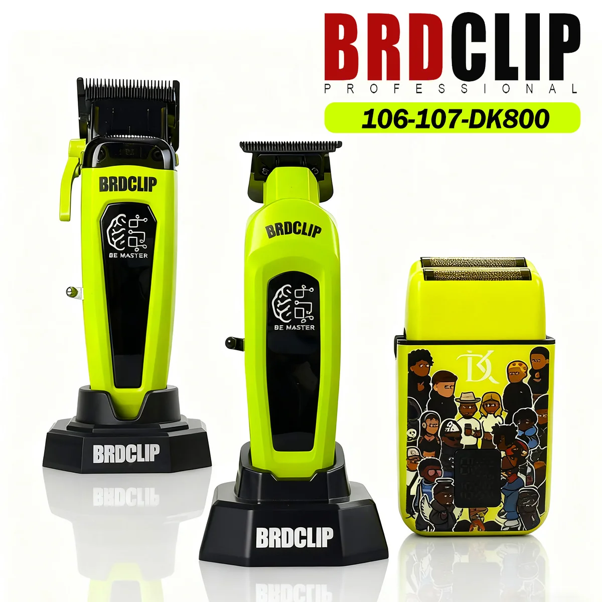 

Professional Barber Kit BRDCLIP 106 107 DK800 7500RPM Hair Clipper DLC Blade 8000RPM Trimmer With Base Charger 9000PM Shaver