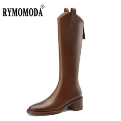 Knee-High Boots Women 2026 Luxury Cowhide Zipper Thick Heel Black Warm Long Boot Fall Winter Handmade Genuine Leather Shoes