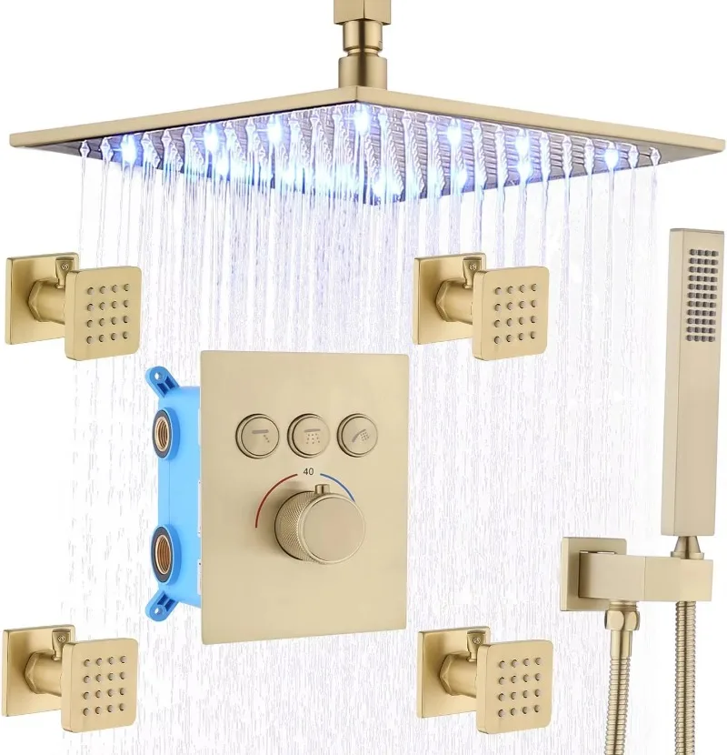 

12 Inch Ceiling Mount Led Rainfall Shower with Handheld Spray Sets complete