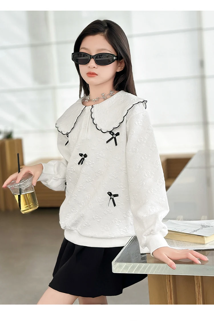 Lässiges Sweatshirt mit Peter-Pan-Kragen und Schleifen für Mädchen, neue Frühlingskollektion, atmungsaktive Kleidung, modisches Oberteil mit langen Ärmeln für Teenager und Kinder. – Detail 7