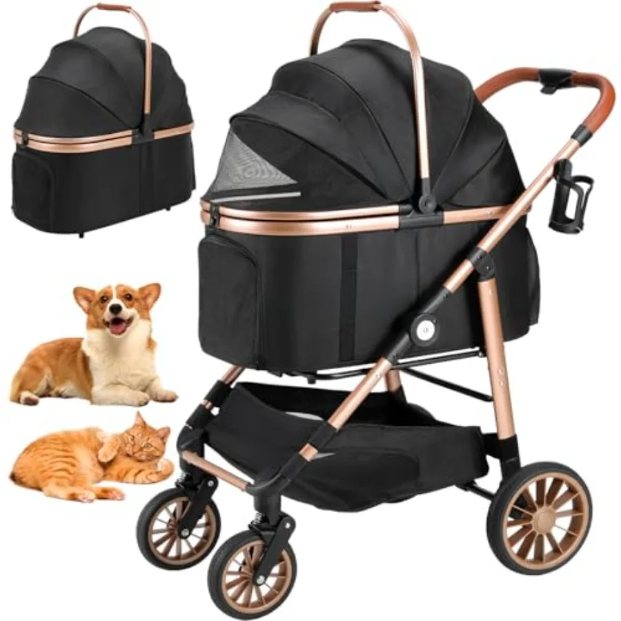 

Pet stroller for medium dogs and cats up to 55 lbs, all-terrain rubber wheels, black frame with gray fabric, 3-in-1 convertible