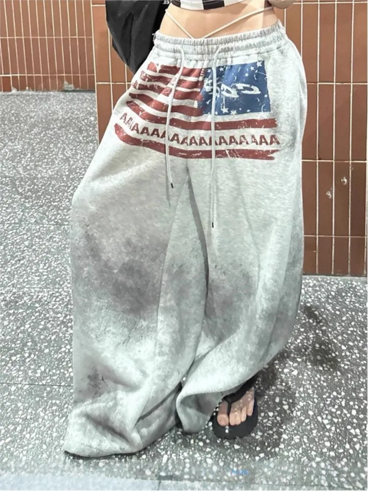 Y2K كلية الأمريكية الهيب هوب القوطي طباعة الرباط واسعة الساق Sweatpants فضفاضة 90s شارع العليا بنطال رياضي الطابق طول السراويل #5